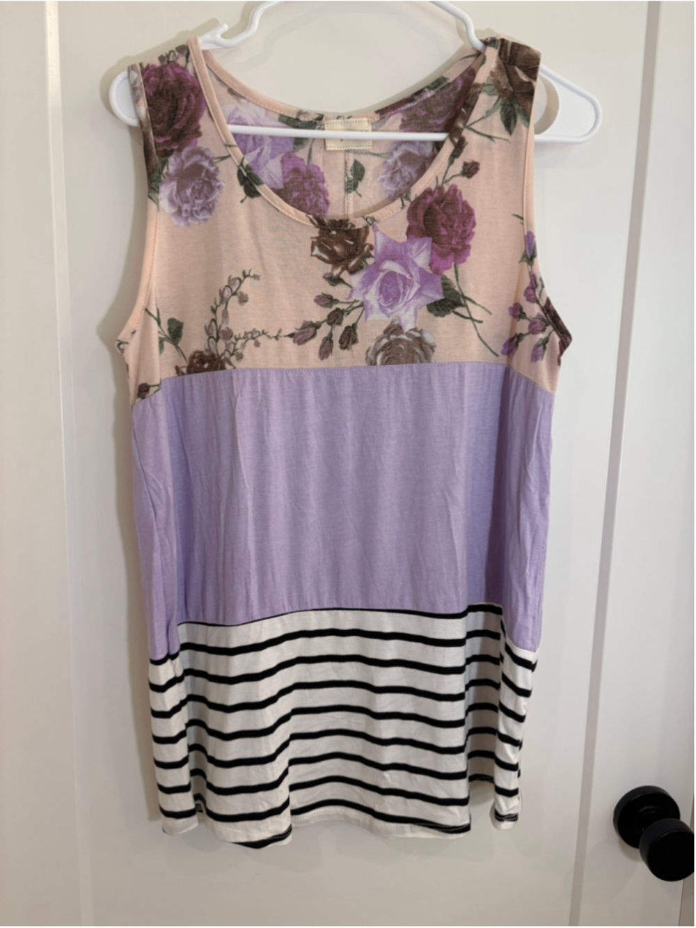 Lovely Melody Purple Floral Colorblock Striped Lace Back Tank Top NWOT Size L